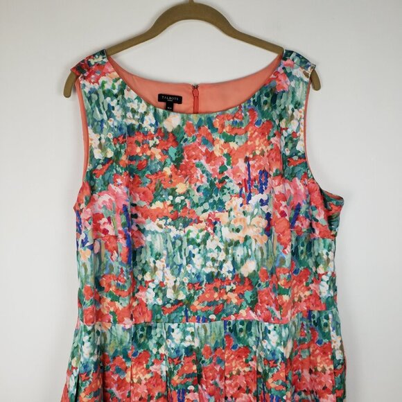 Talbots Fit & Flare Dress Orange Watercolor Sleeveless Retro Belted Size 16W - Picture 5 of 11